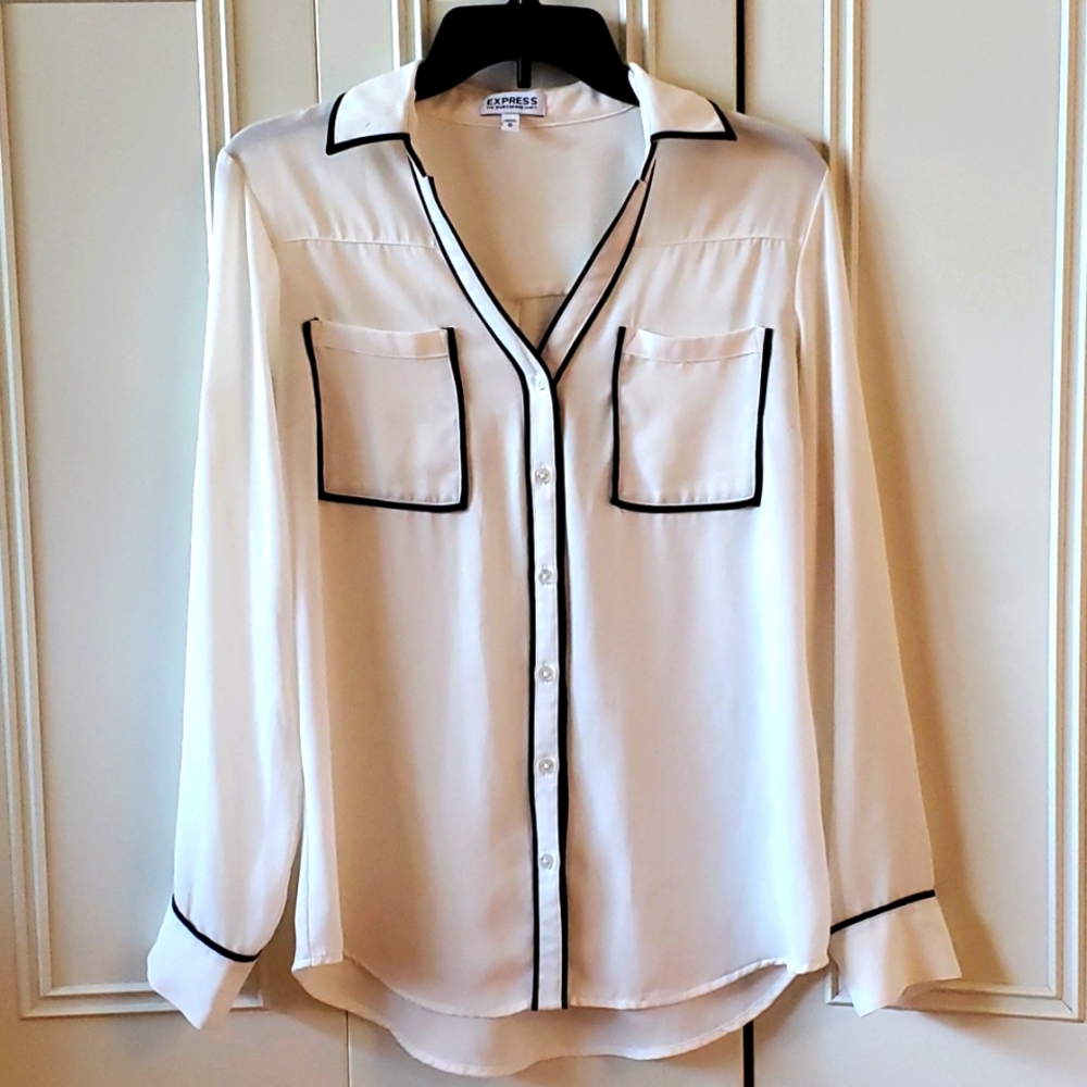 Express White Portofino Shirt With Long Sleeve Roll Tab Button Down Collar VNeck